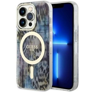 Guess GUHMP14XHLEOPWWB iPhone 14 Pro Max 6.7" kék keménytok Leopard MagSafe