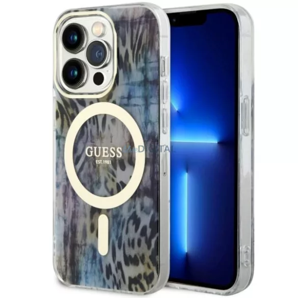 Guess GUHMP14XHLEOPWWB iPhone 14 Pro Max 6.7" kék keménytok Leopard MagSafe