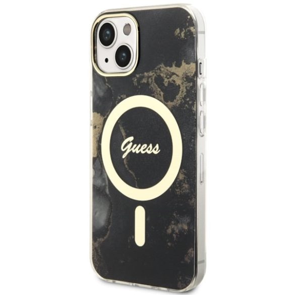 Guess GUHMP14SHTMRSK iPhone 14 / 15 / 13 6.1" fekete keménytok aranyen Marble MagSafe