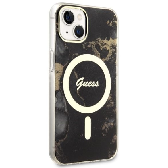 Guess GUHMP14SHTMRSK iPhone 14 / 15 / 13 6.1" fekete keménytok aranyen Marble MagSafe