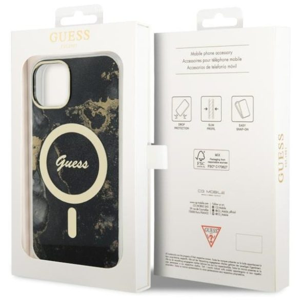 Guess GUHMP14SHTMRSK iPhone 14 / 15 / 13 6.1" fekete keménytok aranyen Marble MagSafe