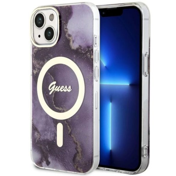 Guess GUHMP14SHTMRSU iPhone 14 / 15 / 13 6.1" lila keménytok aranyen Marble MagSafe lila tok