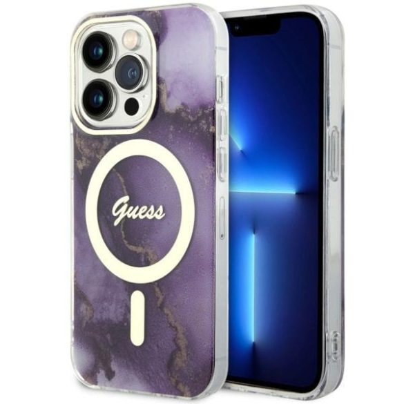 Guess GUHMP14LHTMRSU iPhone 14 Pro 6.1" lila keménytok Golden Marble MagSafe