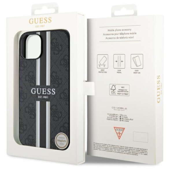 Guess GUHMP14MP4RPSK iPhone 14 Plus / 15 Plus 6.7" fekete keménytok 4G nyomtatott csíkos MagSafe tok 4G