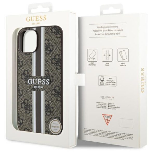 Guess GUHMP14MP4RPSW iPhone 14 Plus / 15 Plus 6.7" barna keménytok 4G nyomtatott csíkos MagSafe tok 4G