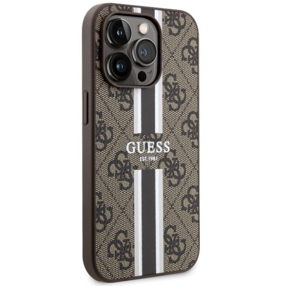 Guess GUHMP14LP4RPSW iPhone 14 Pro 6.1" barna keménytok 4G nyomtatott csíkokkal MagSafe