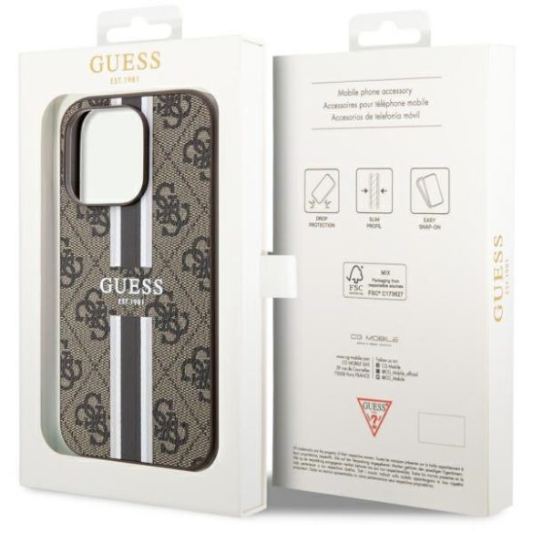 Guess GUHMP14LP4RPSW iPhone 14 Pro 6.1" barna keménytok 4G nyomtatott csíkokkal MagSafe