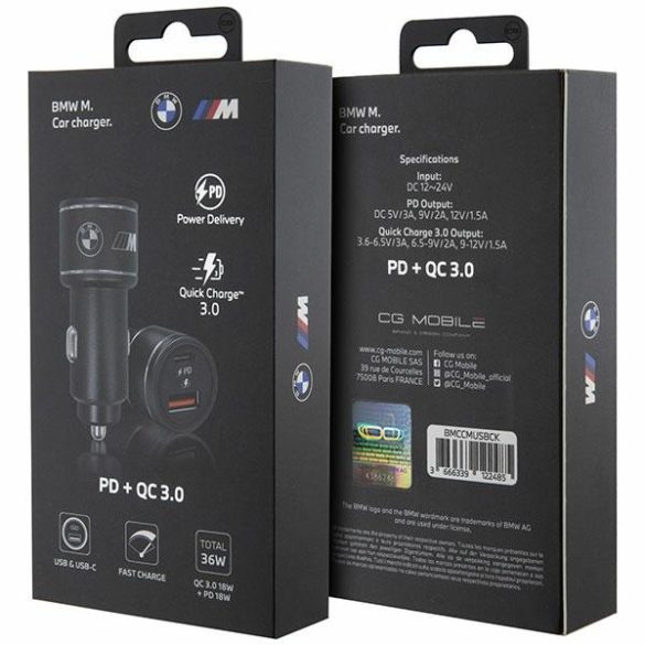 BMW autós töltő BMCCMUSBCK PD-QC 3.0 20W Fast Charge fekete M kiadás