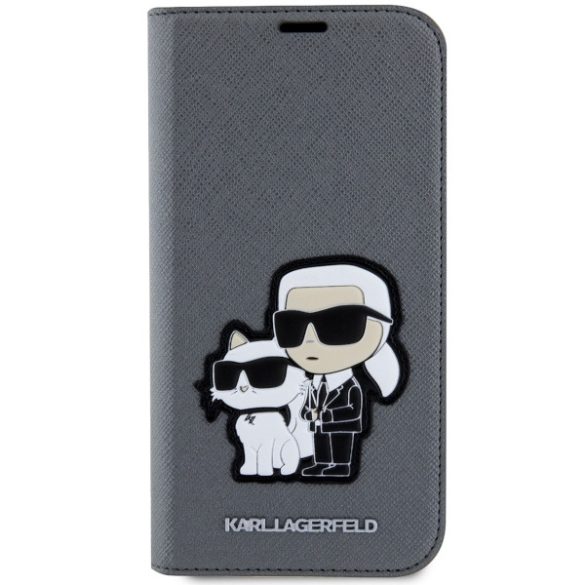 Karl Lagerfeld KLBKP14SSANKCPG iPhone 14 / 15 / 13 6.1" könyvtok ezüst Saffiano Karl & Choupette Karl és Choupette