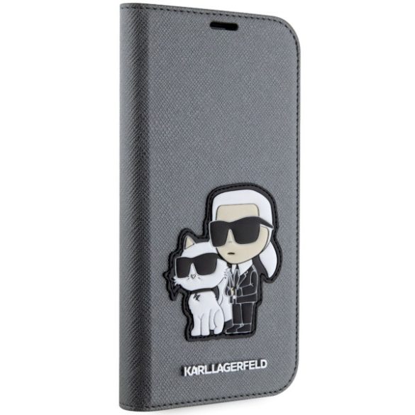 Karl Lagerfeld KLBKP14SSANKCPG iPhone 14 / 15 / 13 6.1" könyvtok ezüst Saffiano Karl & Choupette Karl és Choupette