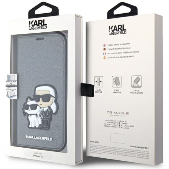 Karl Lagerfeld KLBKP14SSANKCPG iPhone 14 / 15 / 13 6.1" könyvtok ezüst Saffiano Karl & Choupette Karl és Choupette