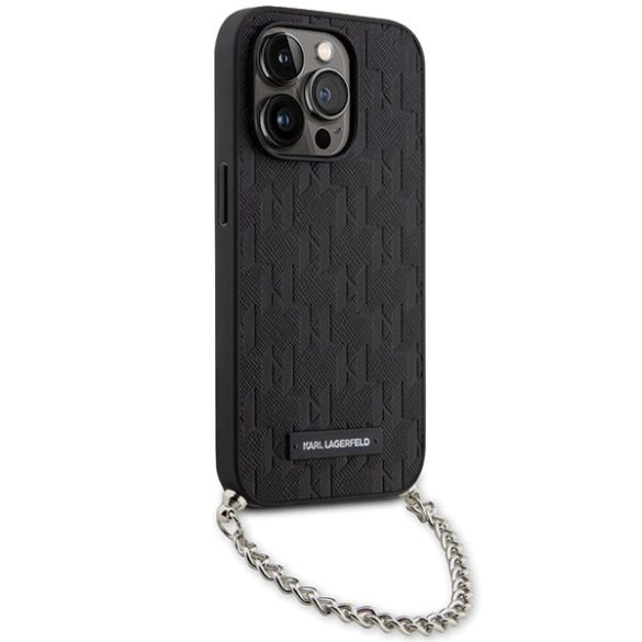 Karl Lagerfeld KLHCP14LSACKLHPK iPhone 14 Pro 6.1" fekete keménytok Saffiano monogramos lánccal