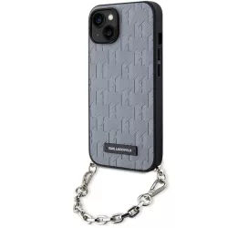   Karl Lagerfeld KLHCP14SSACKLHPG iPhone 14 6.1" ezüst keménytok Saffiano monogramos lánccal ellátott