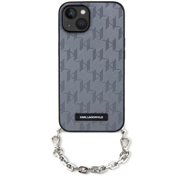 Karl Lagerfeld KLHCP14SSACKLHPG iPhone 14 / 15 / 13 6.1" ezüst keménytok Saffiano monogramos lánccal ellátott