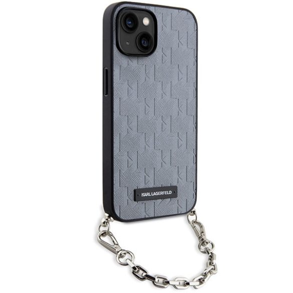 Karl Lagerfeld KLHCP14SSACKLHPG iPhone 14 / 15 / 13 6.1" ezüst keménytok Saffiano monogramos lánccal ellátott