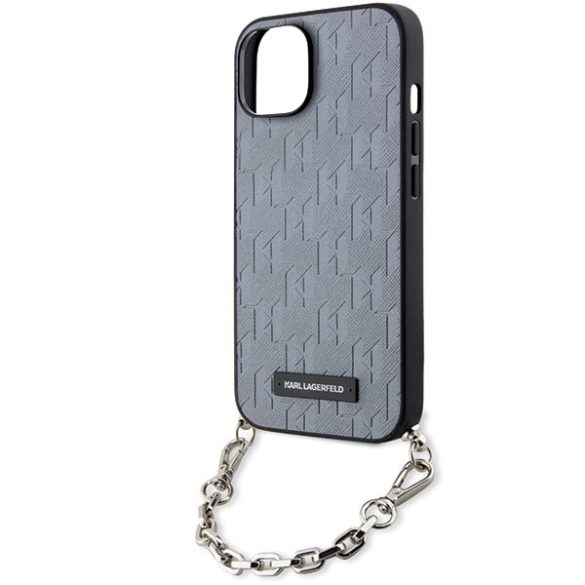 Karl Lagerfeld KLHCP14SSACKLHPG iPhone 14 / 15 / 13 6.1" ezüst keménytok Saffiano monogramos lánccal ellátott