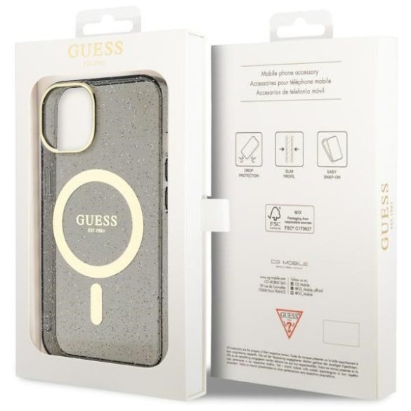 Guess GUHMP14SHCMCGK iPhone 14 / 15 / 13 6,1" fekete keménytok Glitter arany MagSafe