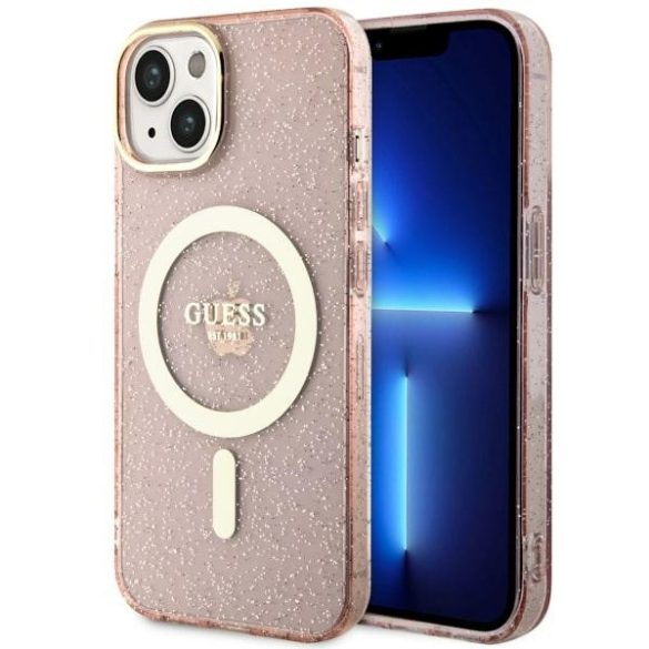 Guess GUHMP14SHCMCGP iPhone 14 / 15 / 13 6.1" rózsaszín keménytok Glitter arany MagSafe