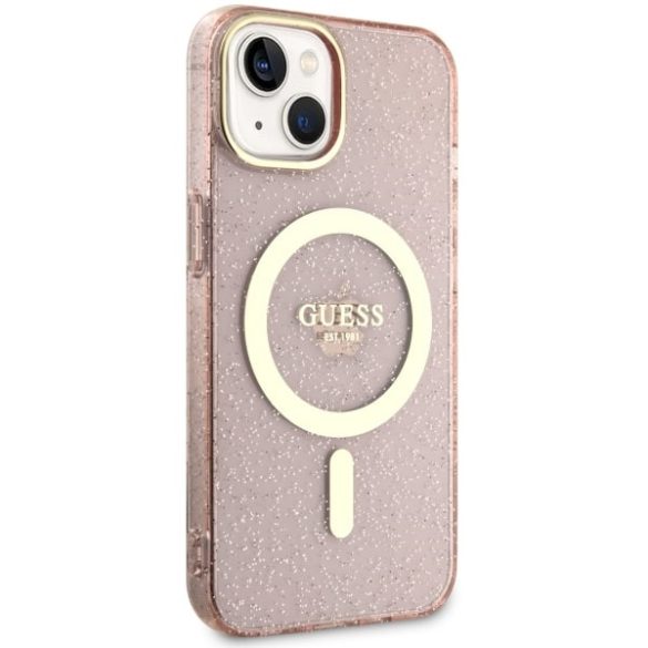 Guess GUHMP14SHCMCGP iPhone 14 / 15 / 13 6.1" rózsaszín keménytok Glitter arany MagSafe