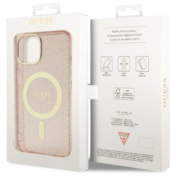 Guess GUHMP14MHCMCGP iPhone 14 Plus / 15 Plus 6.7" rózsaszín keménytok Glitter Gold MagSafe