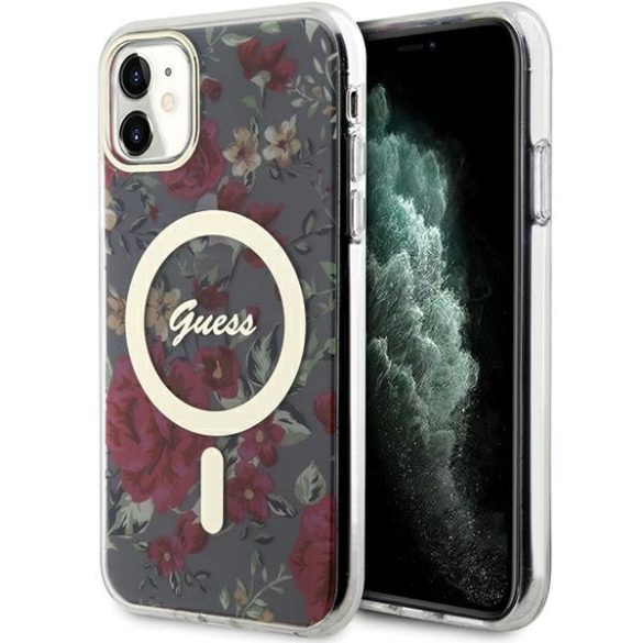 Guess GUHMN61HCFWWSA iPhone 11  6.1" zöld/khaki keménytok Flower MagSafe