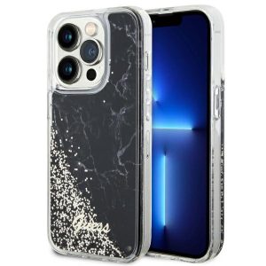 Guess GUHCP14LLCSGSGSGK iPhone 14 Pro 6.1" fekete/arany keménytok folyékony Glitter Marble