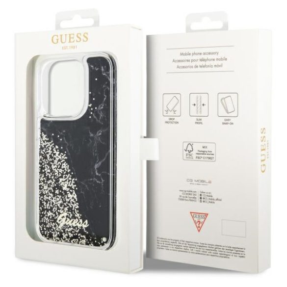 Guess GUHCP14LLCSGSGSGK iPhone 14 Pro 6.1" fekete/arany keménytok folyékony Glitter Marble