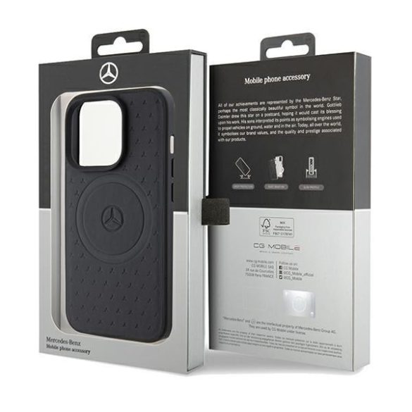 Mercedes MEHMP15L23RGSK iPhone 15 Pro 6.1" fekete keménytok csillagmintás bőr MagSafe tok