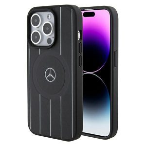 Mercedes MEHMP15L23RHSK iPhone 15 Pro 6.1" fekete/csíkos keménytok csíkos mintás bőr MagSafe tok