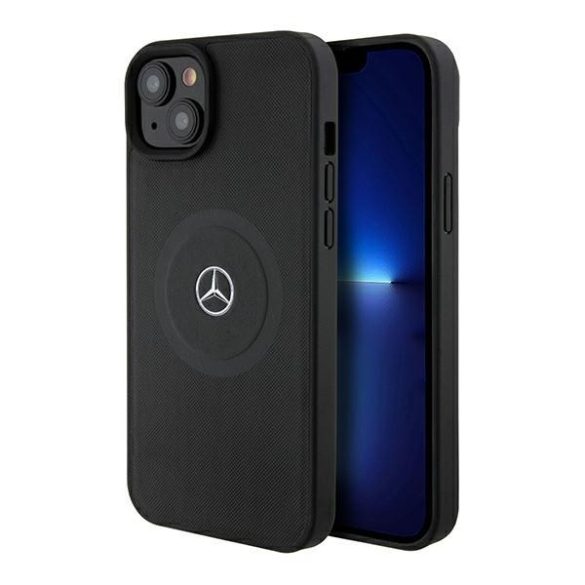 Mercedes MEHMP15Samsung Galaxy S23RMMK iPhone 15 / 14 / 13 6.1" fekete keménytok Crossed Lines Pattern Leather MagSafe