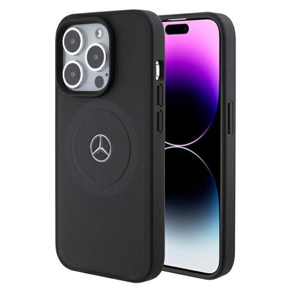 Mercedes MEHMP15L23RMMK iPhone 15 Pro 6.1" fekete keménytok Keresztbe tett vonalak mintás bőr MagSafe