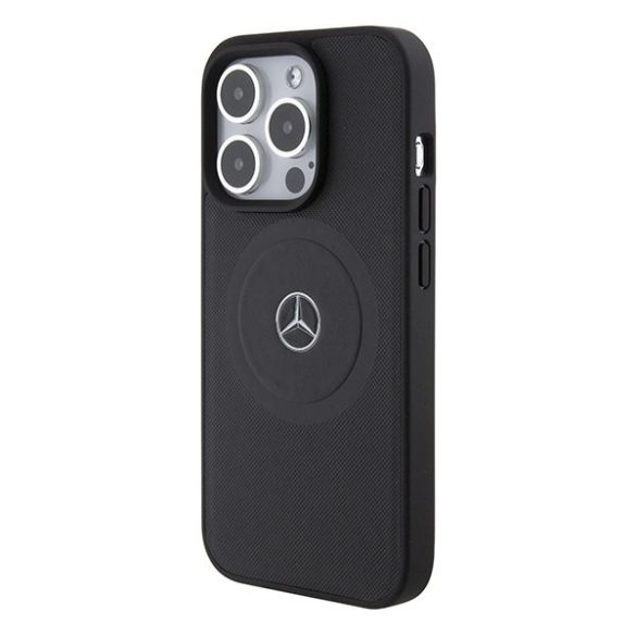 Mercedes MEHMP15L23RMMK iPhone 15 Pro 6.1" fekete keménytok Keresztbe tett vonalak mintás bőr MagSafe