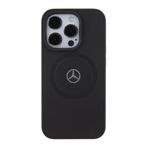 Mercedes MEHMP15L23RMMK iPhone 15 Pro 6.1" fekete keménytok Keresztbe tett vonalak mintás bőr MagSafe