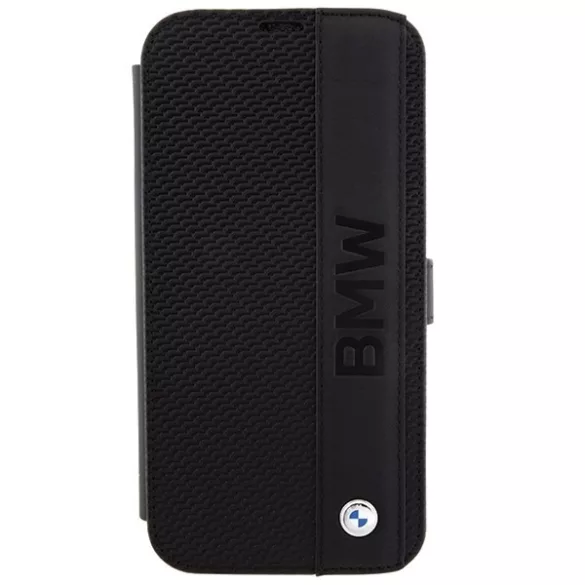 BMW BMBKP15X22RDPK iPhone 15 Pro Max 6.7" fekete könyvtok bőr texturált és csíkos bőr