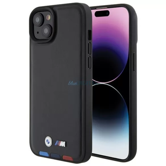 BMW BMHCP15M22PTDK iPhone 15 Plus 6,7" fekete bőr bélyegző Tricolor tok