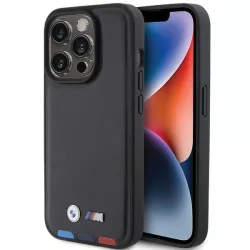   BMW BMHCP15L22PTDK iPhone 15 Pro 6.1" fekete bőr bélyegző Tricolor tok