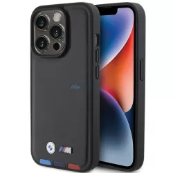   BMW BMHCP15L22PTDK iPhone 15 Pro 6.1" fekete bőr bélyegző Tricolor tok