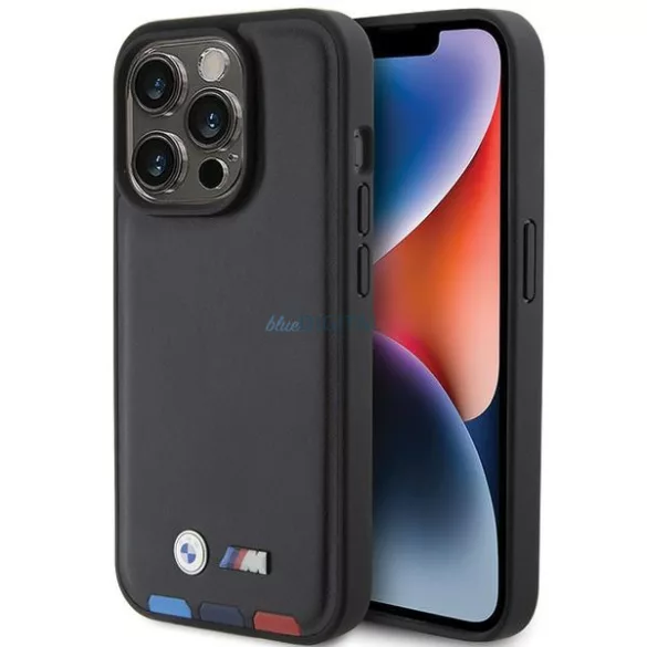 BMW BMHCP15L22PTDK iPhone 15 Pro 6.1" fekete bőr bélyegző Tricolor tok