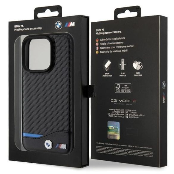 BMW BMHCP15L22NBCK iPhone 15 Pro 6.1" fekete bőr Carbon tok