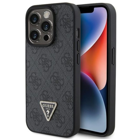 Guess GUHCP15XP4TDPK iPhone 15 Pro Max 6.7" fekete bőr 4G gyémánt háromszög keménytokban