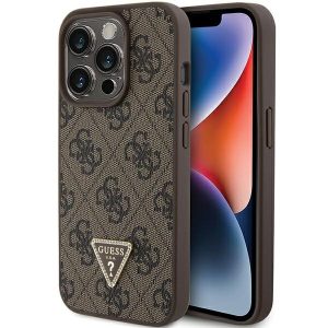 Guess GUHCP15LP4TDPW iPhone 15 Pro 6.1" barna keménytok bőr 4G háromszög Strass