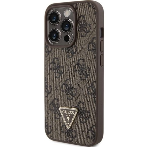 Guess GUHCP15LP4TDPW iPhone 15 Pro 6.1" barna keménytok bőr 4G háromszög Strass