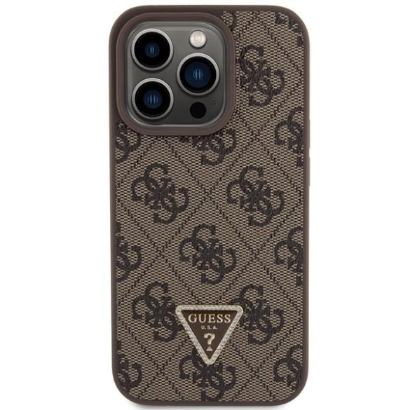 Guess GUHCP15LP4TDPW iPhone 15 Pro 6.1" barna keménytok bőr 4G háromszög Strass