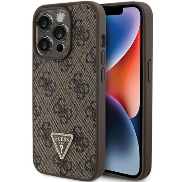 Guess GUHCP15XP4TDPW iPhone 15 Pro Max 6.7" barna keménytok bőr 4G háromszög Strass