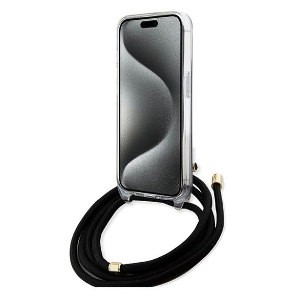 Guess GUHCP15LHC4SEK iPhone 15 Pro 6.1" fekete keménytok kereszttáska Crossbody Cord 4G nyomtatás