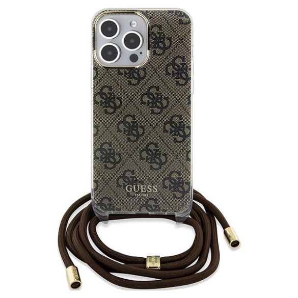 Guess GUHCP15LHC4SEW iPhone 15 Pro 6.1" barna keménytok Crossbody Cord 4G nyomtatás