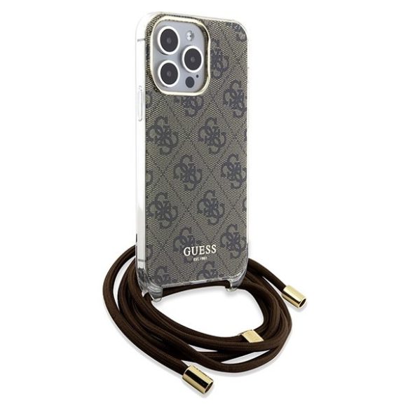 Guess GUHCP15LHC4SEW iPhone 15 Pro 6.1" barna keménytok Crossbody Cord 4G nyomtatás