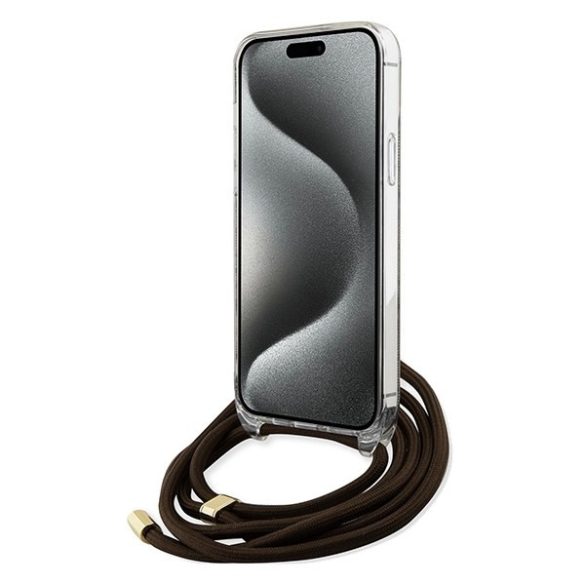 Guess GUHCP15LHC4SEW iPhone 15 Pro 6.1" barna keménytok Crossbody Cord 4G nyomtatás