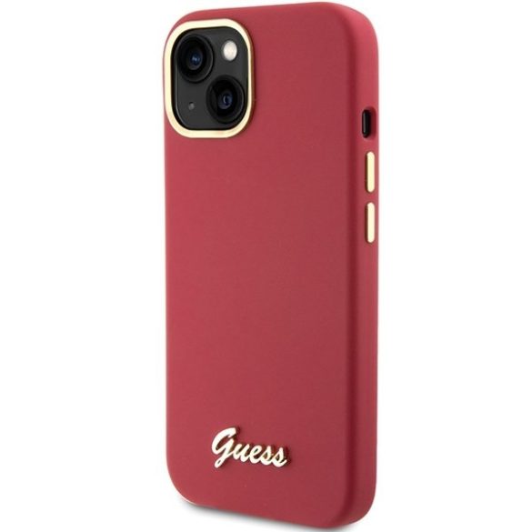 Guess GUHCP15SSMBSLM iPhone 15 / 14 / 13 6.1" magenta színű keménytok szilikon írás fém logóval és kerettel