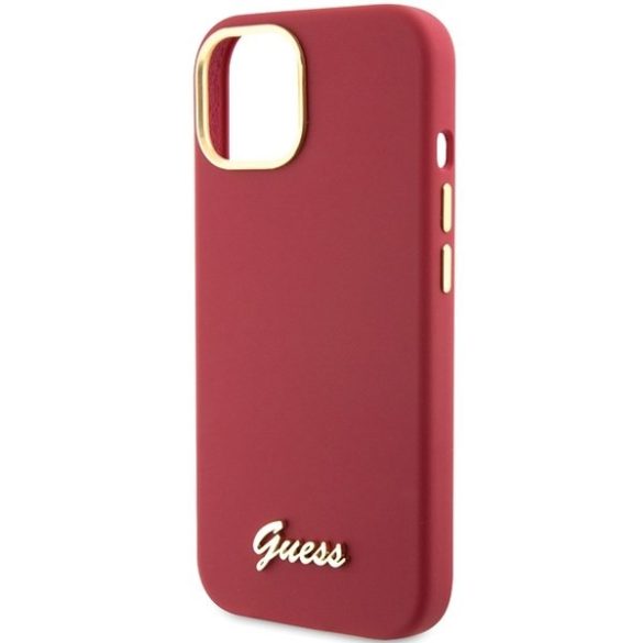 Guess GUHCP15SSMBSLM iPhone 15 / 14 / 13 6.1" magenta színű keménytok szilikon írás fém logóval és kerettel